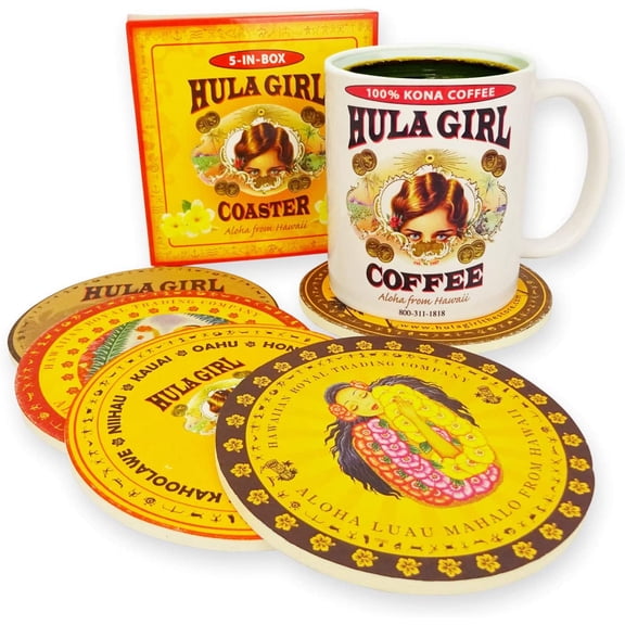 UITBDWR-Hawaiian-Inspired Round Coasters Assorted Designs Set of Five in a Box (1 Box Set of 5)