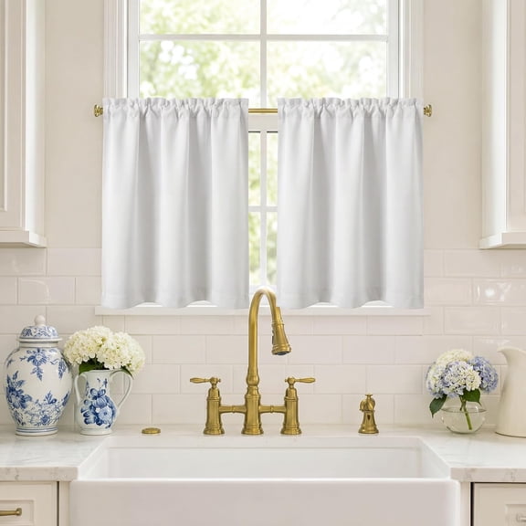 UITBDWR-Privacy Kitchen Curtains 34 Inch Wide, Cafe Curtains Half Window Drapes, Thermal Insulated Curtain for Bedroom Bathroom Small Window, Rod Pocket 2 Panels, 24 Inch Length, White