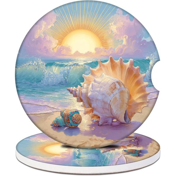 UITBDWR-Shell Sunshine Car Coasters for Cup Holders 2 Pack, Absorbent Ceramic Car Cup Holder Coaster Accessories for Women Men 2.56 Inch