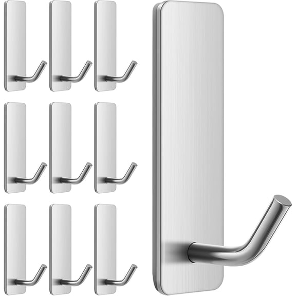UITBDWR-Small Self Adhesive Wall Hooks for Towels, Stainless Steel, 10 Pack, Silver