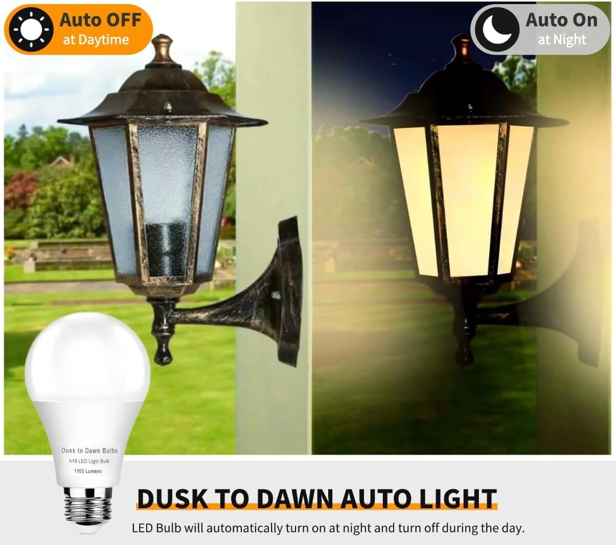 UITTG-4 -Pack Dusk to Dawn LED Light Bulbs Outdoor,75 Watt Equivalent, Light Sensor 10W A19,3000K Soft White 1100 Lumens, Auto on/Off Photocell Automatic for Outdoor Lighting