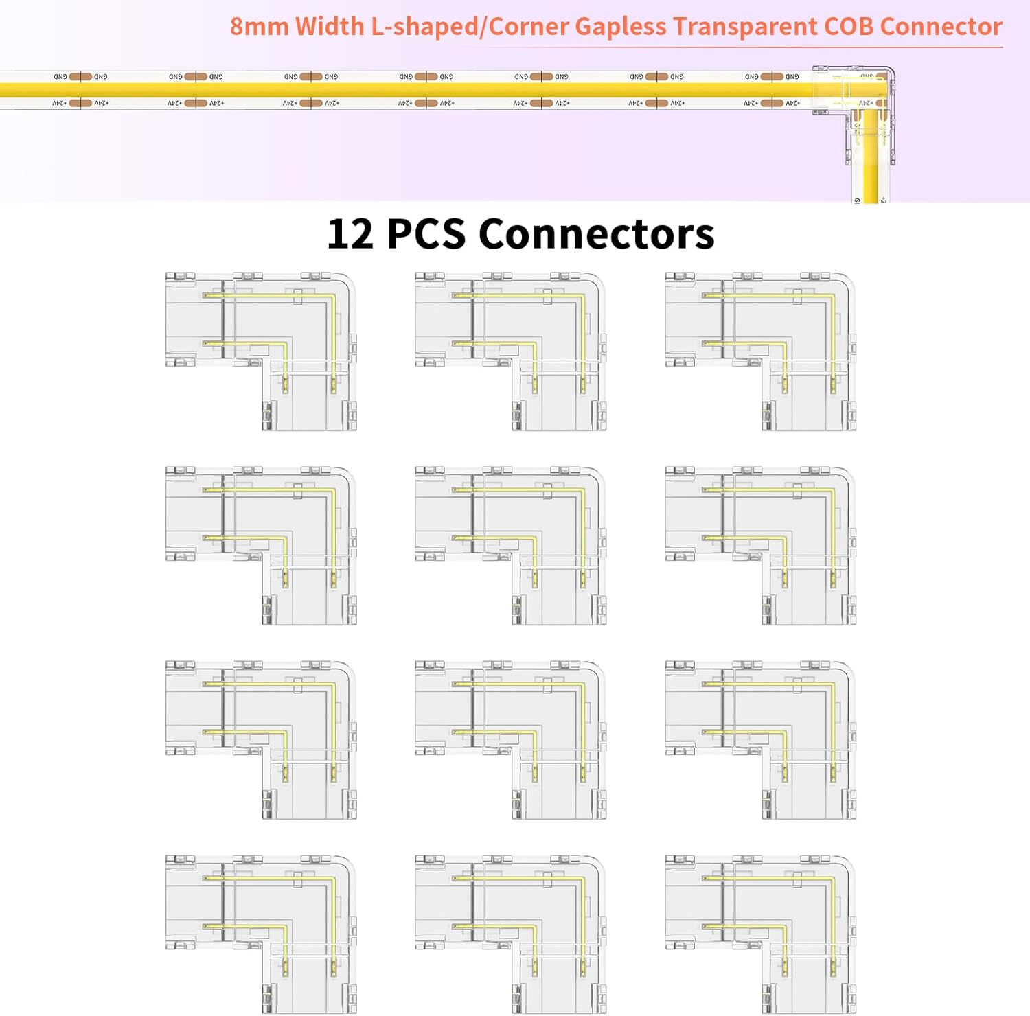 L Connector Led UITTG-8mm Connectors Kit for 2-Pin COB LED Strip,12pcs Gapless L-Shaped ...