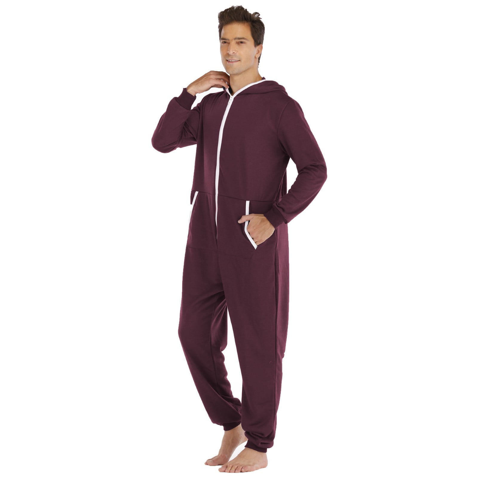 UIX Men's Long Sleeve Soild Color Printed Jumpsuit Zipper Hood Pyjamas ...