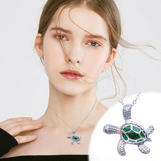 Uix Sea Turtle Ocean Blue Fire Opal Inlay Silver Jewelry Necklace 