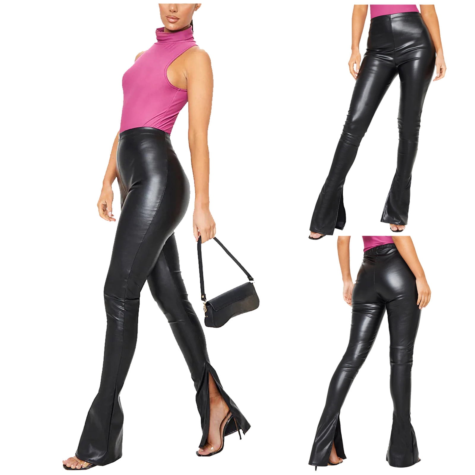 UIX Women Large Size High Waisted Slim Black Leather Pants Casual ...