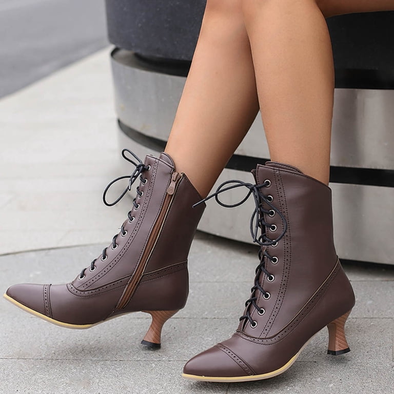 UIX Women Mid Boots High Heeled Wood Grain Heel Side Zipper Boots 