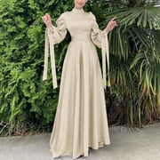 UIX Womens Casual Solid Dress Lantern Sleeve Abaya Arab Kaftan Dress
