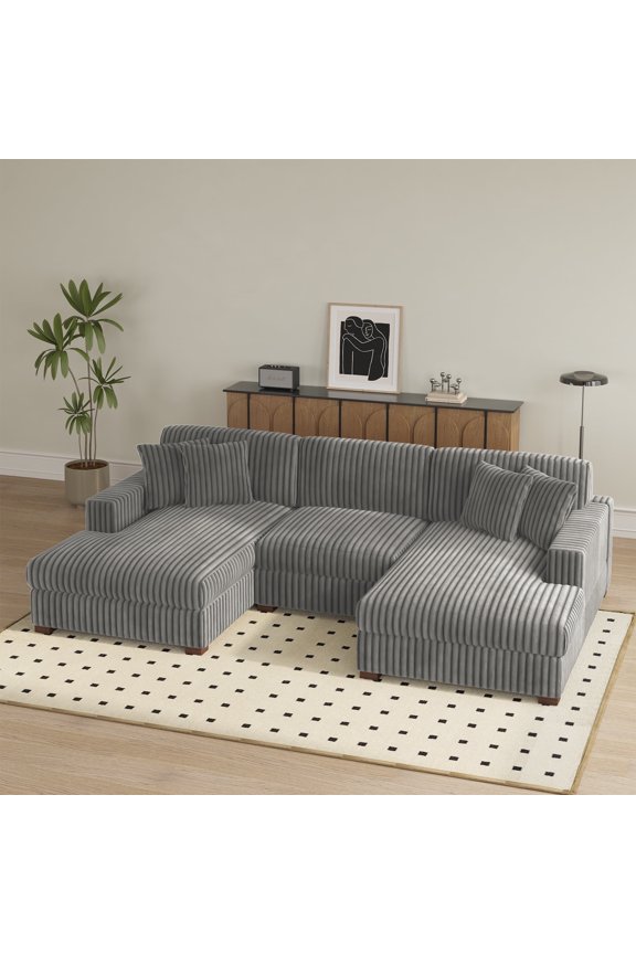 118" Faux Fur Modular Sectional Sofa, U Shaped Cloud Couch for Living Room, 3-Seat, Light Gray