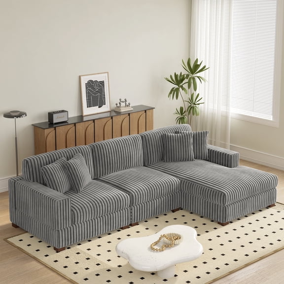 UIXE 118" Modular Sectional Sofa for Living Room, Modern Faux Fur Comfy L Shaped Couch, 3-Seat, Light Gray, Right Facing Chaise