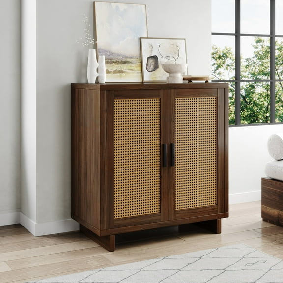 UIXE 2-Door Rattan Storage Cabinet Accent Furniture Cupboard Sideboard Cabinets up to 30.2" for Dining Room Hallway, Espresso