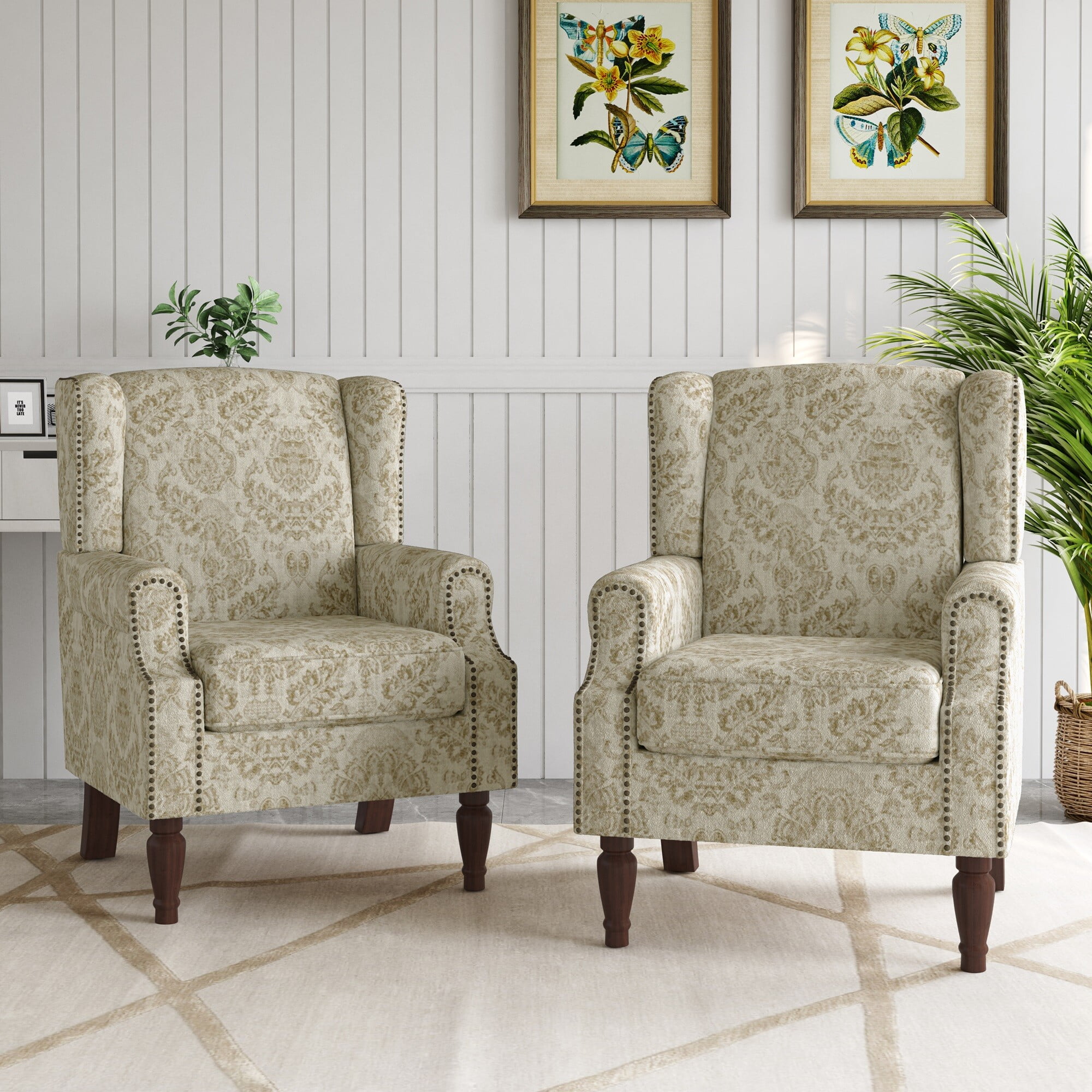 UIXE 2 PCS Wingback Accent Chair, Floral Pattern Arm Chair for Living