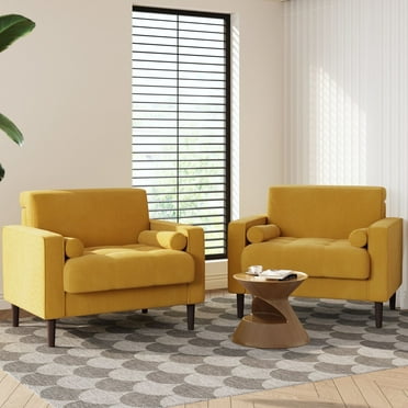 UIXE Corduroy Accent Chair Set of 2 Modern Upholstered Arm Chairs Comfy Reading Armchair with Pillow Armrest Tufted Living Room Single Sofa Lounge Seat, Yellow