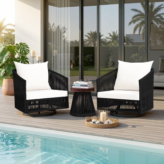 UIXE 3 Pieces Patio Swivel Chairs Outdoor Bistro Set, PE Wicker Rope Outdoor Furniture Patio Sofa Conversation Sets with Coffee Table & Beige Cushions