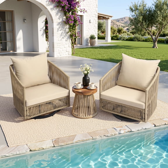 UIXE 3 Pieces Patio Swivel Chairs Outdoor Bistro Set, PE Wicker Rope Outdoor Furniture Patio Sofa Conversation Sets with Coffee Table & Khaki Cushions