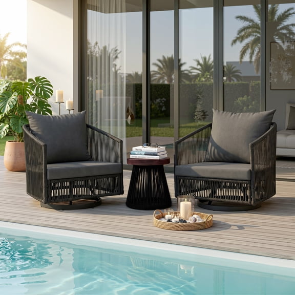 UIXE 3 Pieces Patio Swivel Chairs Outdoor Bistro Set, PE Wicker Rope Outdoor Furniture Patio Sofa Conversation Sets with Coffee Table & Gray Cushions