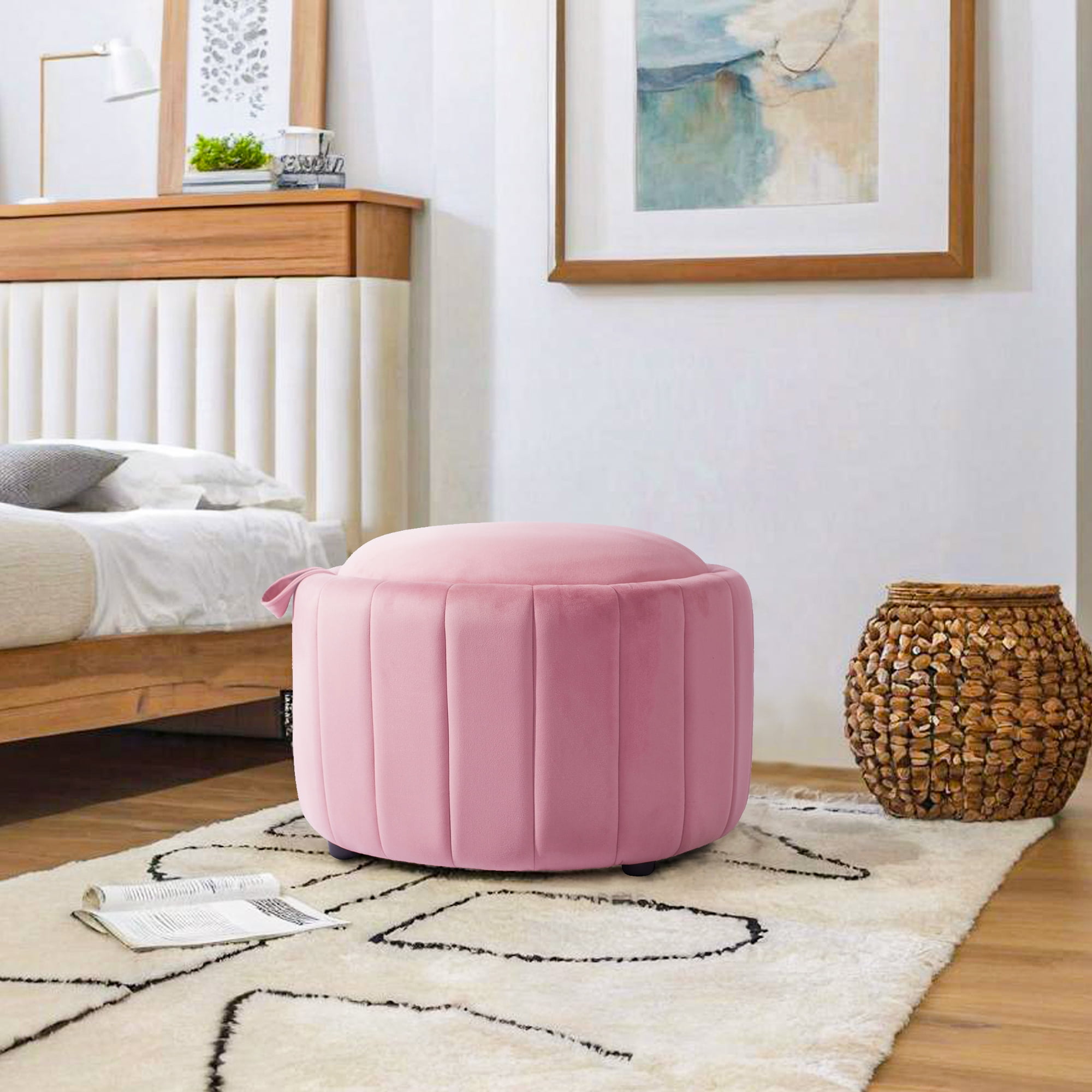 UIXE 30" Round Storage Ottoman with Flip Top Tray Upholstered Ottoman ...