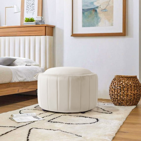 UIXE 30" Round Storage Ottoman with Flip Top Tray Upholstered Ottoman Coffee Table for Living Room Modern Velvet Circle Footstool, Beige