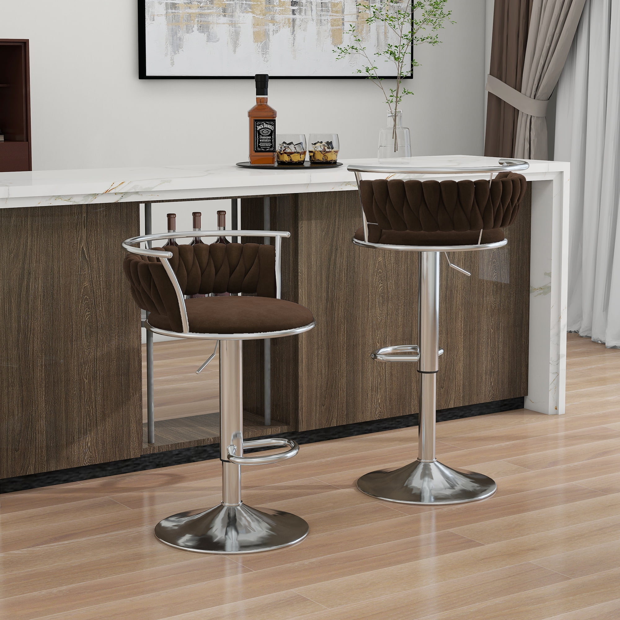 UIXE 360° Swivel Bar Stools Velvet Upholstered Adjustable Bar Chairs Set of 2 Silver Metal Barstool with Back & Footrest for Home and Kitchen, Coffee