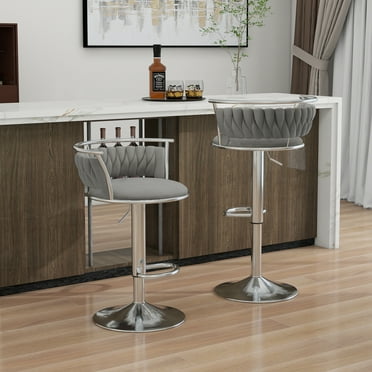 UIXE 360° Swivel Bar Stools Velvet Upholstered Adjustable Bar Chairs Set of 2 Silver Metal Barstool with Back & Footrest for Home and Kitchen, Gray