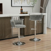 UIXE 360  Swivel Bar Stools Velvet Upholstered Adjustable Bar Chairs Set of 2 Silver Metal Barstool with Back & Footrest for Home and Kitchen, Gray