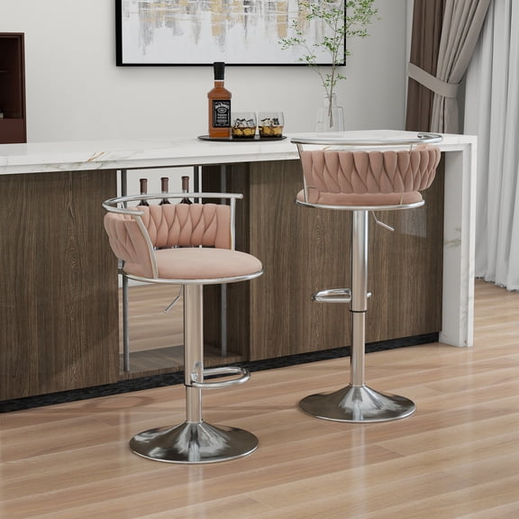 UIXE 360° Swivel Bar Stools Velvet Upholstered Adjustable Bar Chairs Set of 2 Silver Metal Barstool with Back & Footrest for Home and Kitchen, Pink