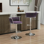 UIXE 360  Swivel Bar Stools Velvet Upholstered Adjustable Bar Chairs Set of 2 Silver Metal Barstool with Back & Footrest for Home and Kitchen, Purple