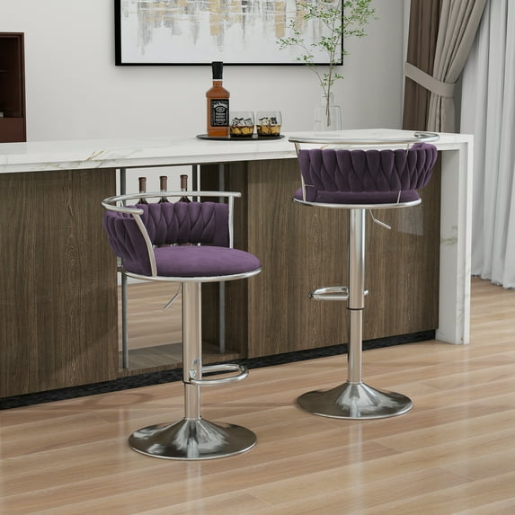 UIXE 360° Swivel Bar Stools Velvet Upholstered Adjustable Bar Chairs Set of 2 Silver Metal Barstool with Back & Footrest for Home and Kitchen, Purple