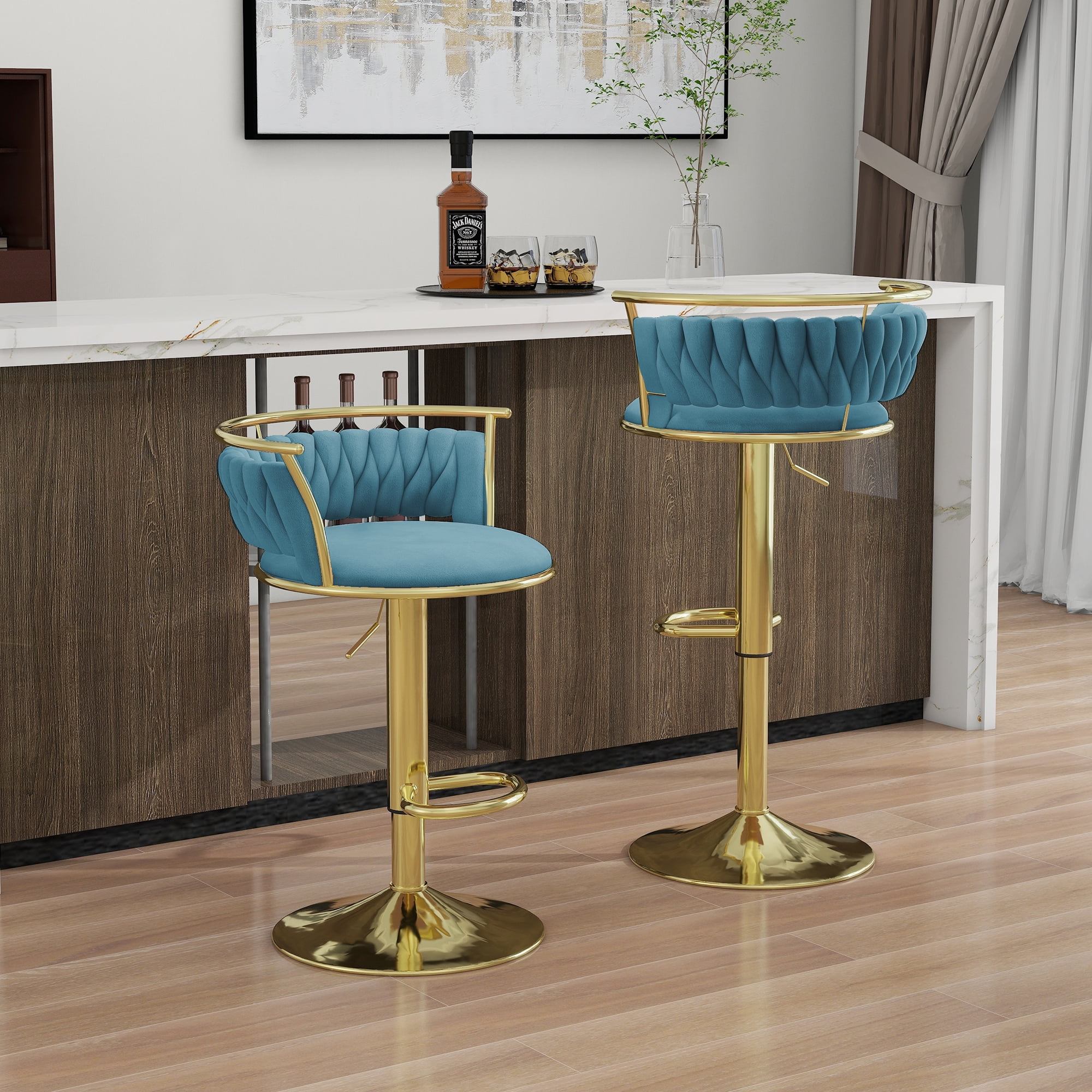 UIXE 360° Swivel Bar Stools Velvet Upholstered Adjustable Bar Chairs Set of 2 with Back & Footrest for Home and Kitchen, Blue