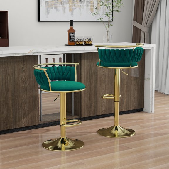 UIXE 360° Swivel Bar Stools Velvet Upholstered Adjustable Bar Chairs Set of 2 with Back & Footrest for Home and Kitchen, Dark Green