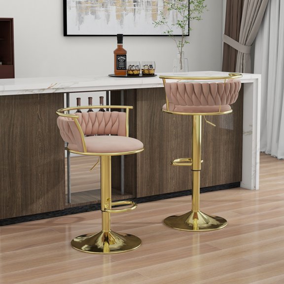 UIXE 360° Swivel Bar Stools Velvet Upholstered Adjustable Bar Chairs Set of 2 with Back & Footrest for Home and Kitchen, Pink