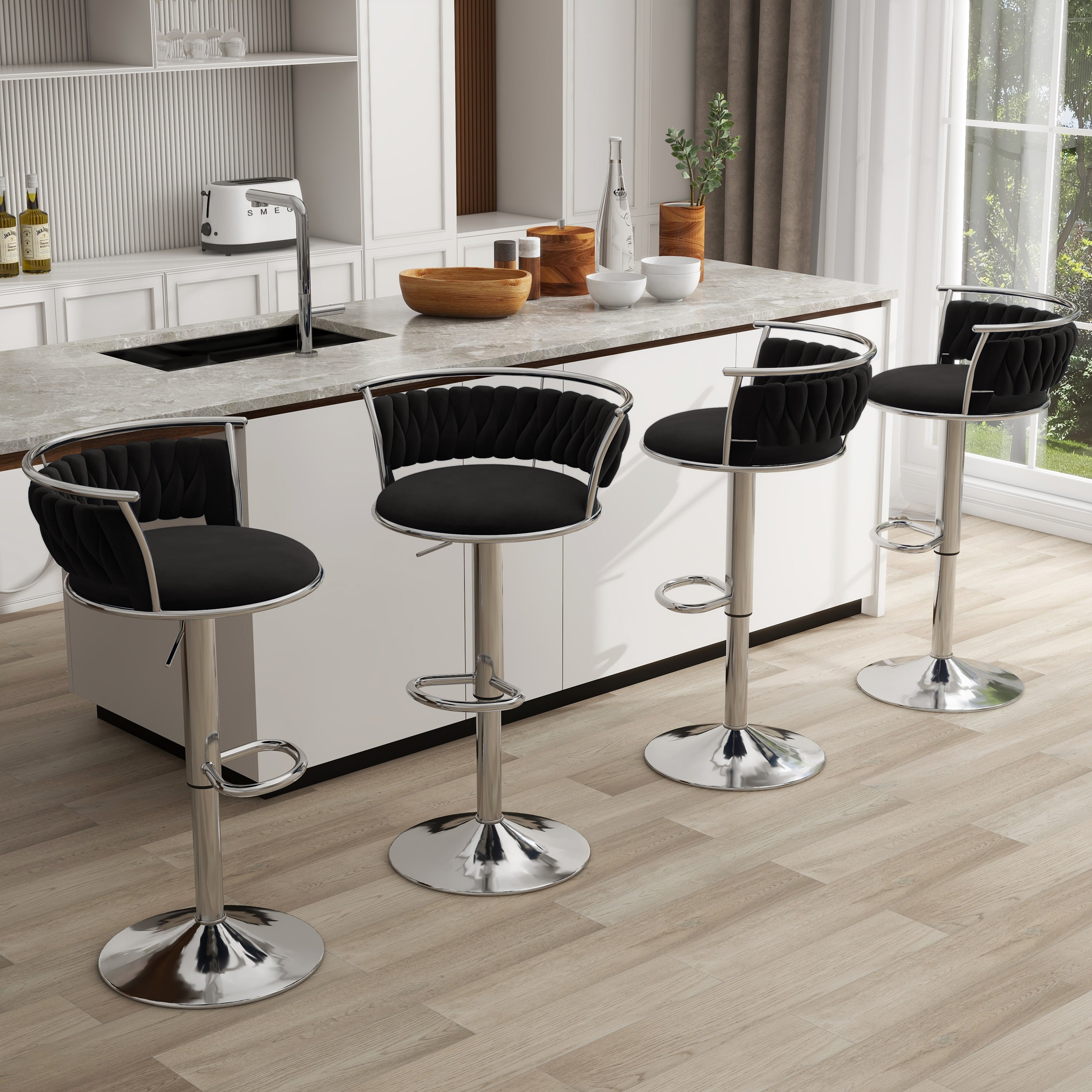 UIXE 360° Swivel Bar Stools Velvet Upholstered Adjustable Bar Chairs Set of 4 Silver Metal Barstool with Back & Footrest for Home and Kitchen, Black
