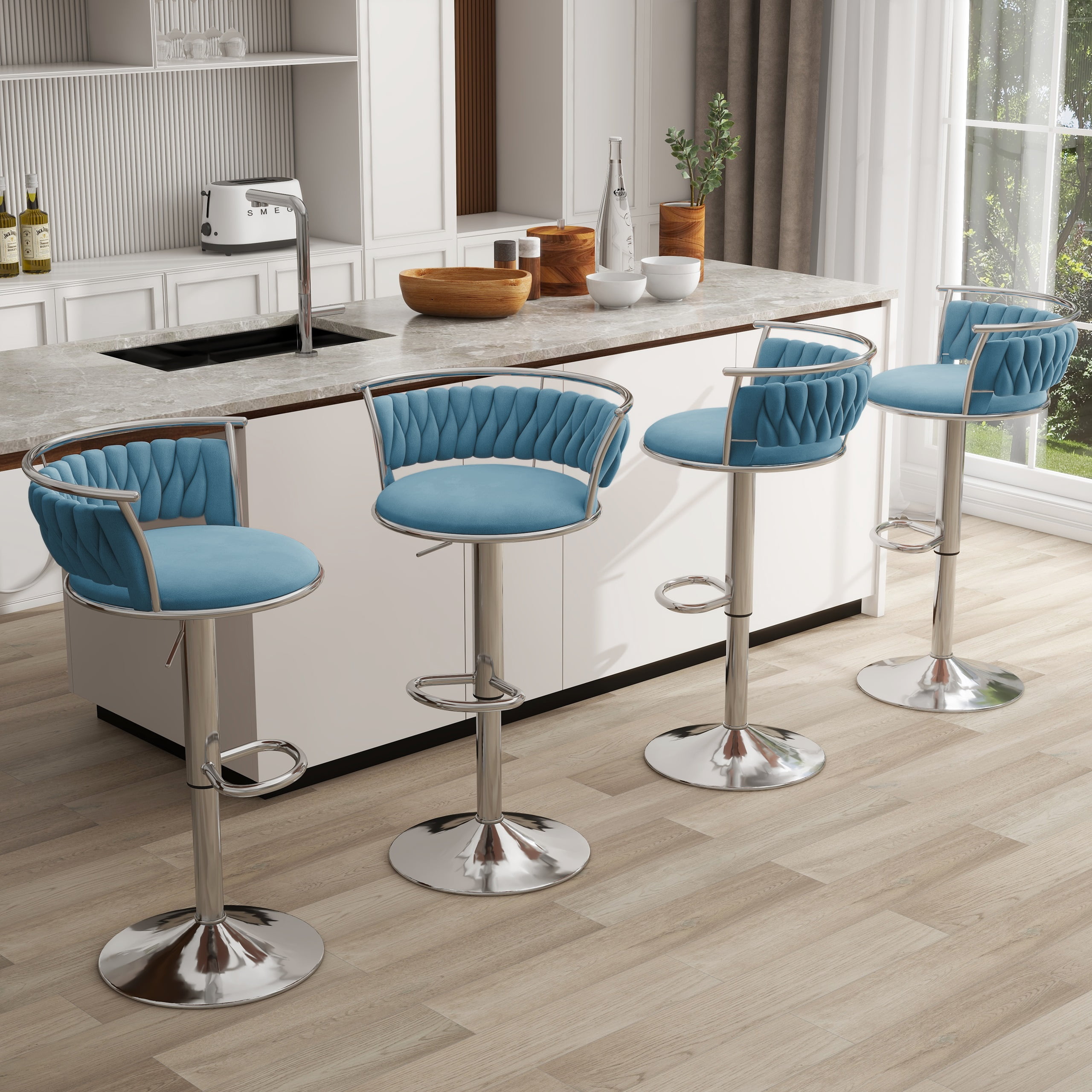 UIXE 360° Swivel Bar Stools Velvet Upholstered Adjustable Bar Chairs Set of 4 Silver Metal Barstool with Back & Footrest for Home and Kitchen, Blue