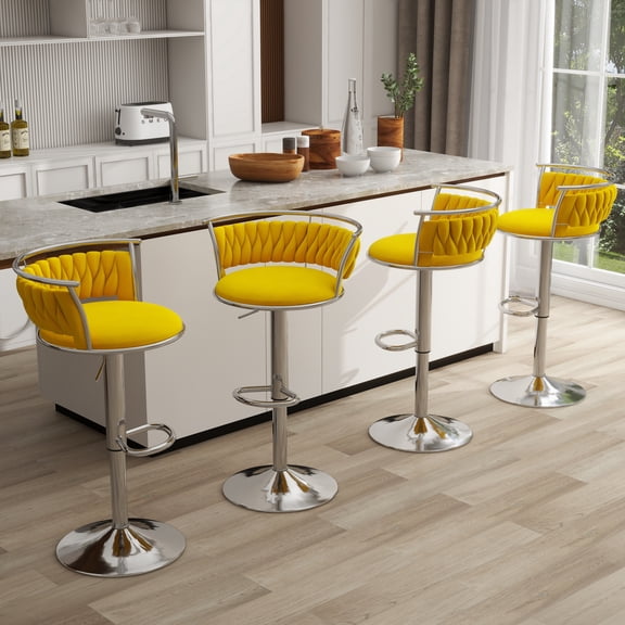 UIXE 360° Swivel Bar Stools Velvet Upholstered Adjustable Bar Chairs Set of 4 Silver Metal Barstool with Back & Footrest for Home and Kitchen, Yellow