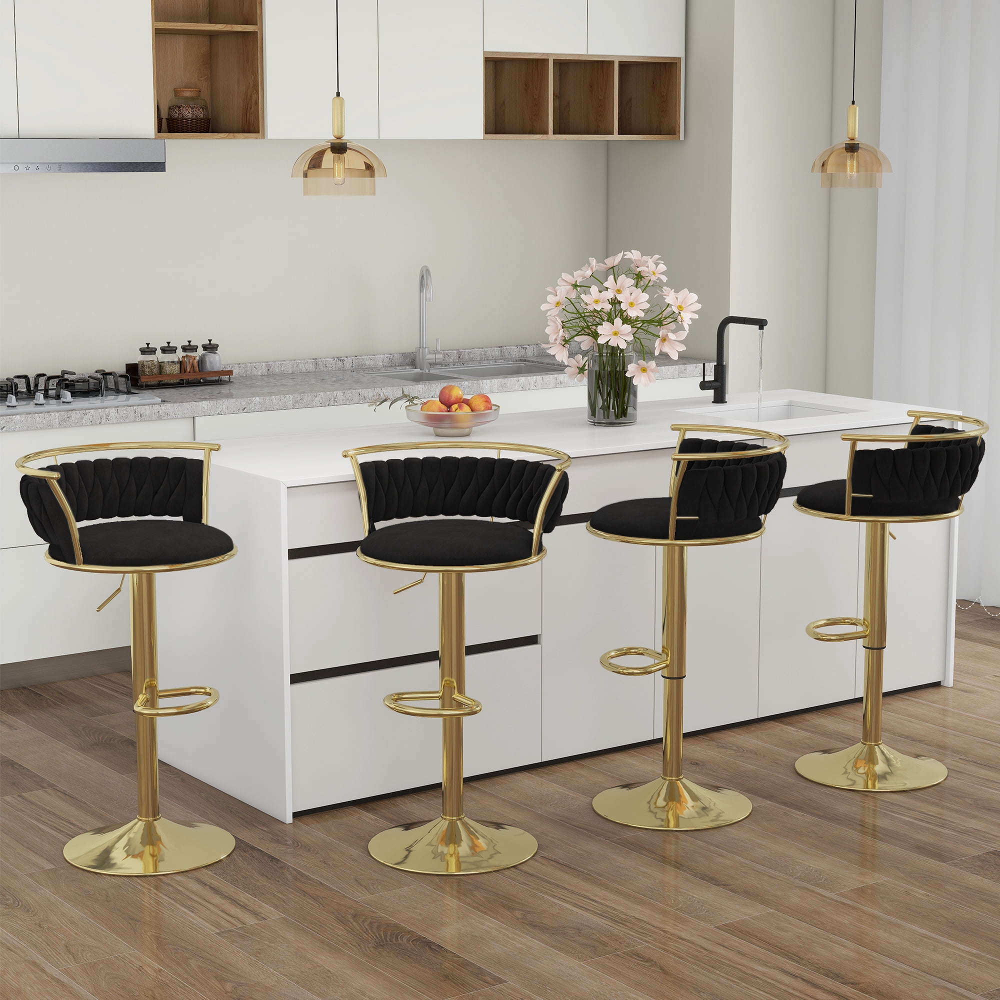 UIXE 360° Swivel Bar Stools Velvet Upholstered Adjustable Bar Chairs Set of 4 with Back & Footrest for Home and Kitchen, Black