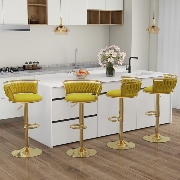 UIXE 360° Swivel Bar Stools Velvet Upholstered Adjustable Bar Chairs Set of 4 with Back & Footrest for Home and Kitchen, Olive Drab