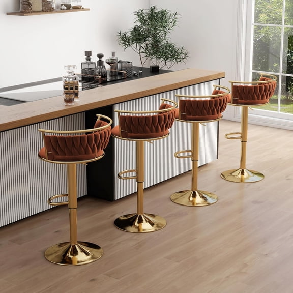 UIXE 360° Swivel Bar Stools Velvet Upholstered Adjustable Bar Chairs Set of 4 with Back & Footrest for Home and Kitchen, Orange