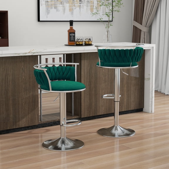 UIXE 360° Swivel Bar Stools Velvet Upholstered Adjustable Bar Chairs Set of 2 Silver Metal Barstool with Back & Footrest for Home and Kitchen, Dark Green