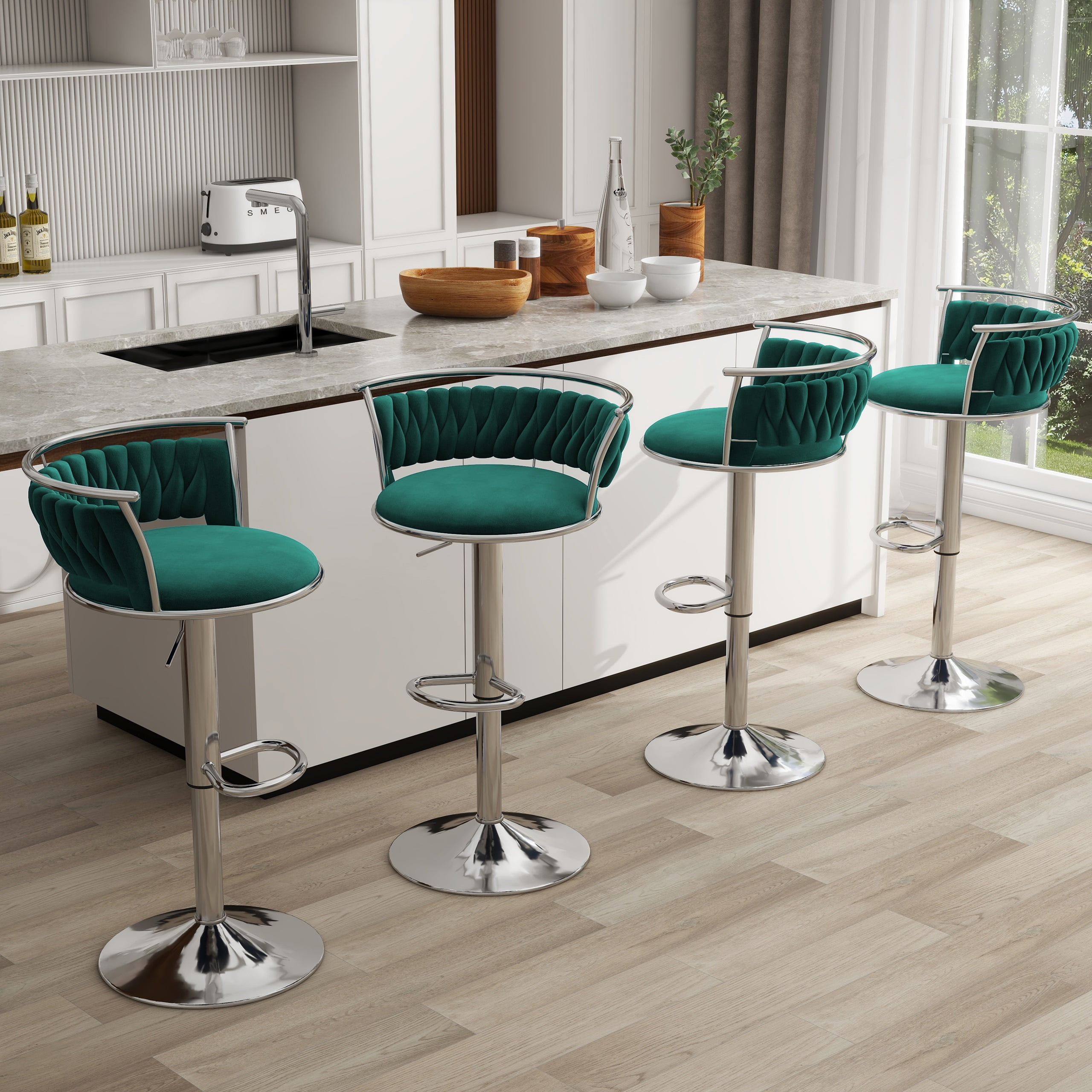 UIXE 360° Swivel Bar Stools Velvet Upholstered Adjustable Bar Chairs Set of 4 Silver Metal Barstool with Back & Footrest for Home and Kitchen, Dark Green