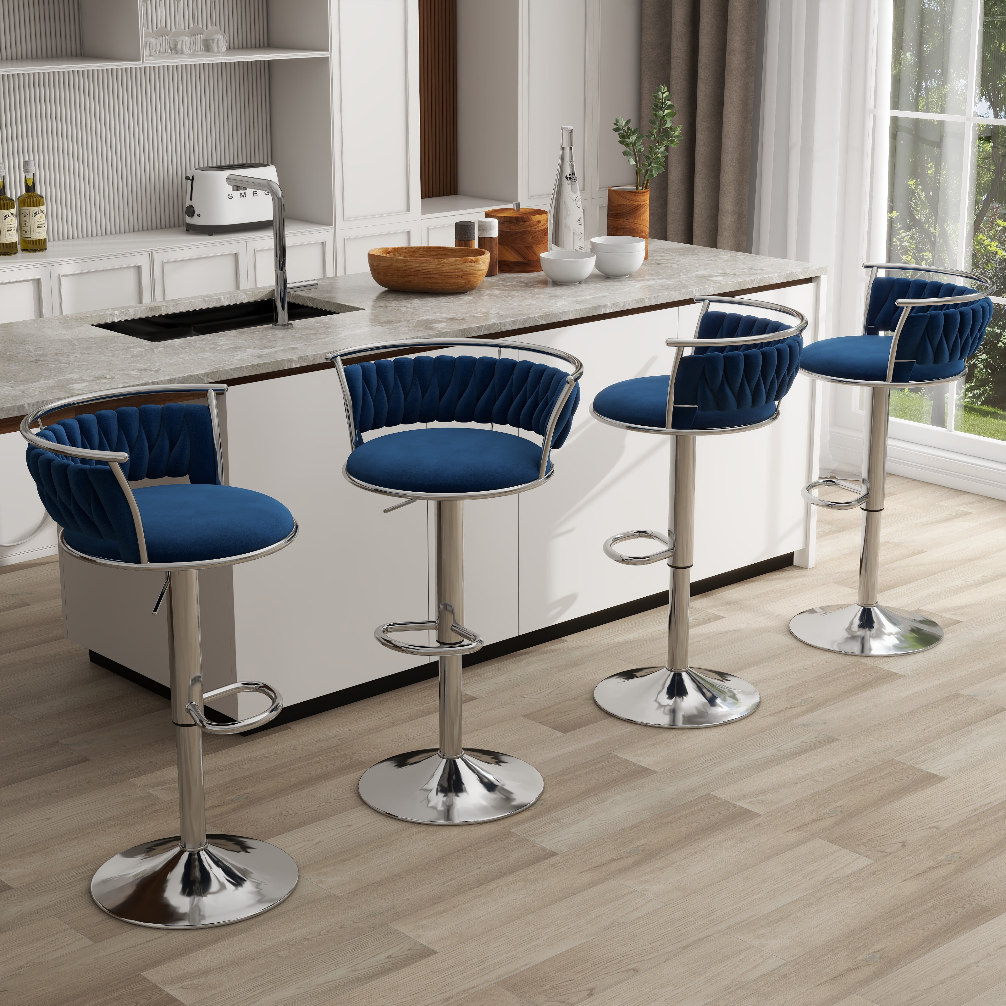 UIXE 360° Swivel Bar Stools Velvet Upholstered Adjustable Bar Chairs Set of 4 Silver Metal Barstool with Back & Footrest for Home and Kitchen, Navy Blue