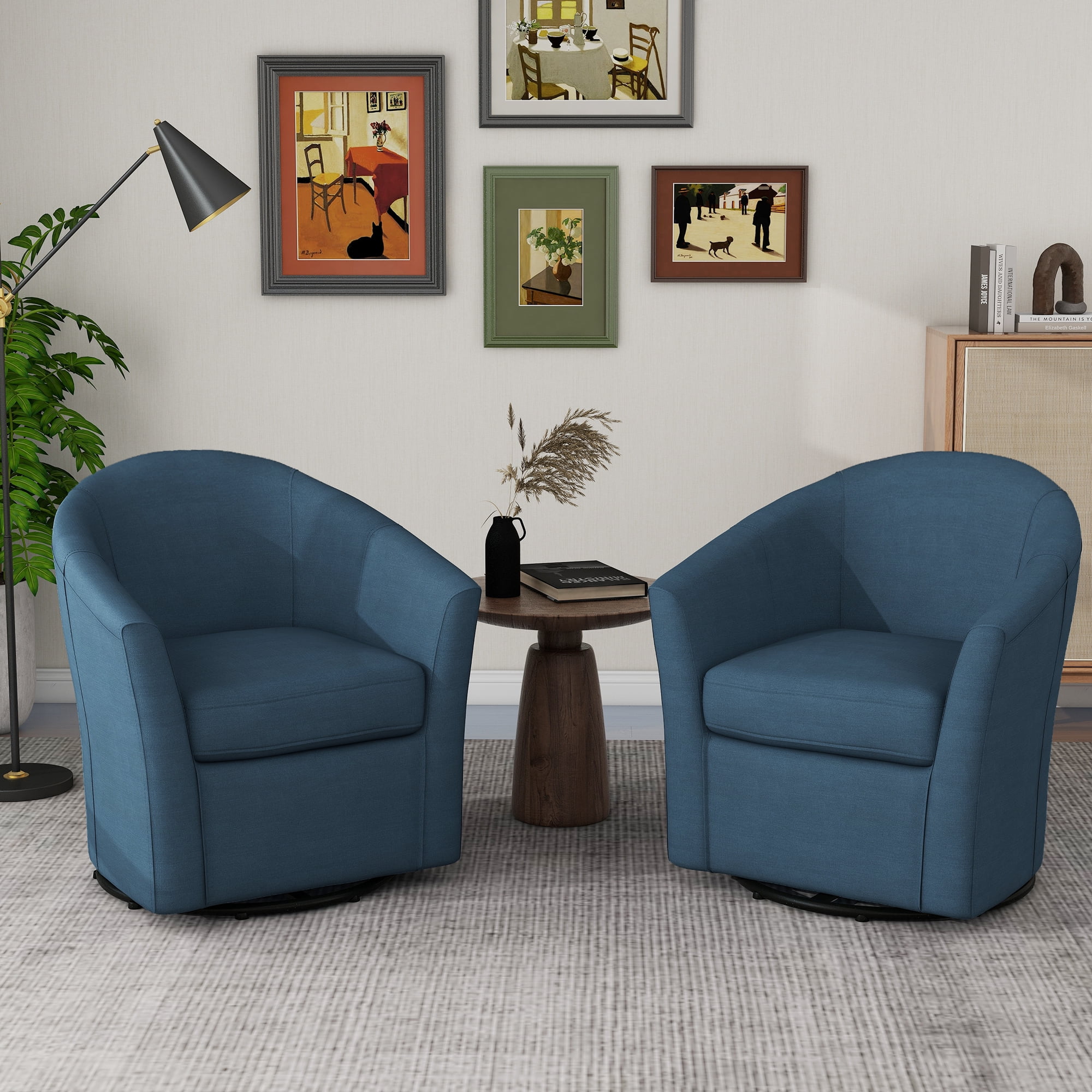 UIXE 360° Swivel Barrel Chair Set of 2 Curved Accent Chair Art Decor Style Round Club Arm Chair with Upholstered Seating for Home, Blue