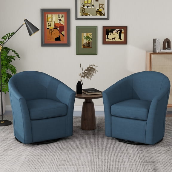 UIXE 360° Swivel Barrel Chair Set of 2 Curved Accent Chair Art Decor Style Round Club Arm Chair with Upholstered Seating for Home, Blue