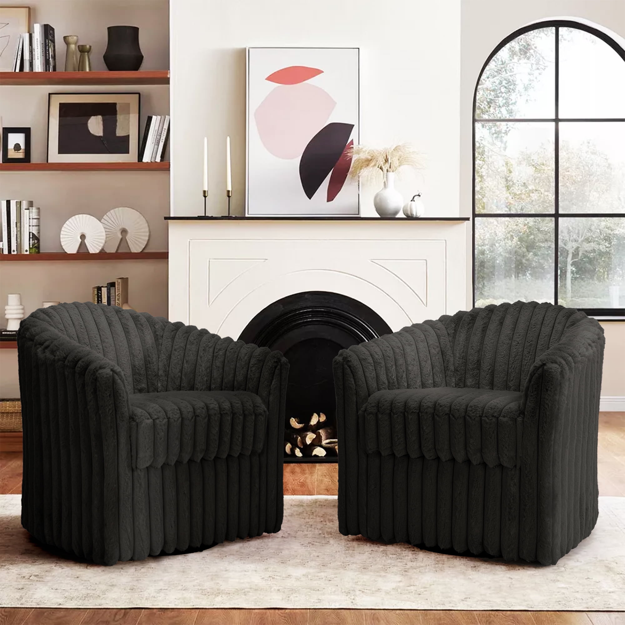 UIXE 360° Swivel Barrel Chair Set of 2 Curved Accent Chair Faux Fur Art ...