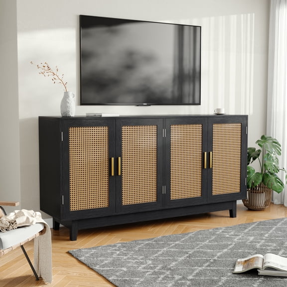 UIXE 4-Door Rattan Storage Cabinet Accent Furniture Heavy-Duty Cupboard w/ Non-Scratch Foot Pads for Kitchen Living Room, Black