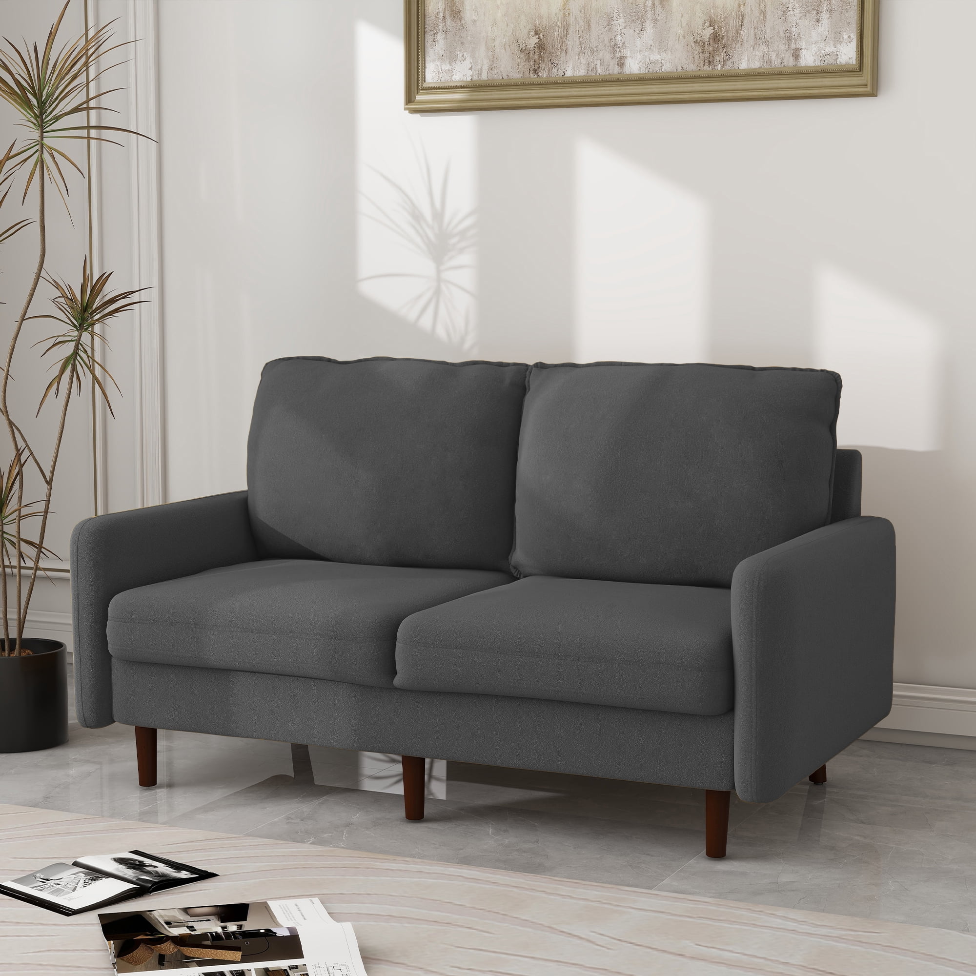 UIXE 57" Velvet Sofa Comfy 2-Seat Sofa with Wood Legs for Living Room Modern Love Seat Small Couch for Bedroom Home Office, Gray