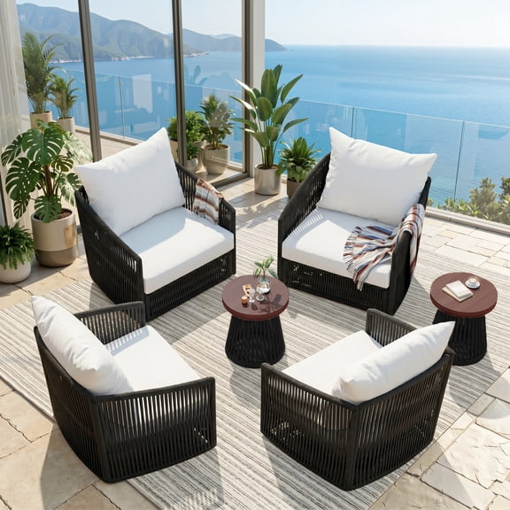 UIXE 6 Pieces Patio Swivel Chairs Outdoor Bistro Set, PE Wicker Rope Outdoor Furniture Patio Sofa Conversation Sets with Coffee Table & Beige Cushions