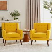 UIXE Accent Chair Set of 2 Linen Fabric Armchair for Living Room Tufted Armrest Reading Seat, Yellow