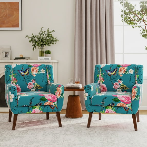 UIXE Floral Accent Chair Set of 2 Modern Living Room Arm Chair Cozy Armchair Button Tufted Back, Pattern Blue