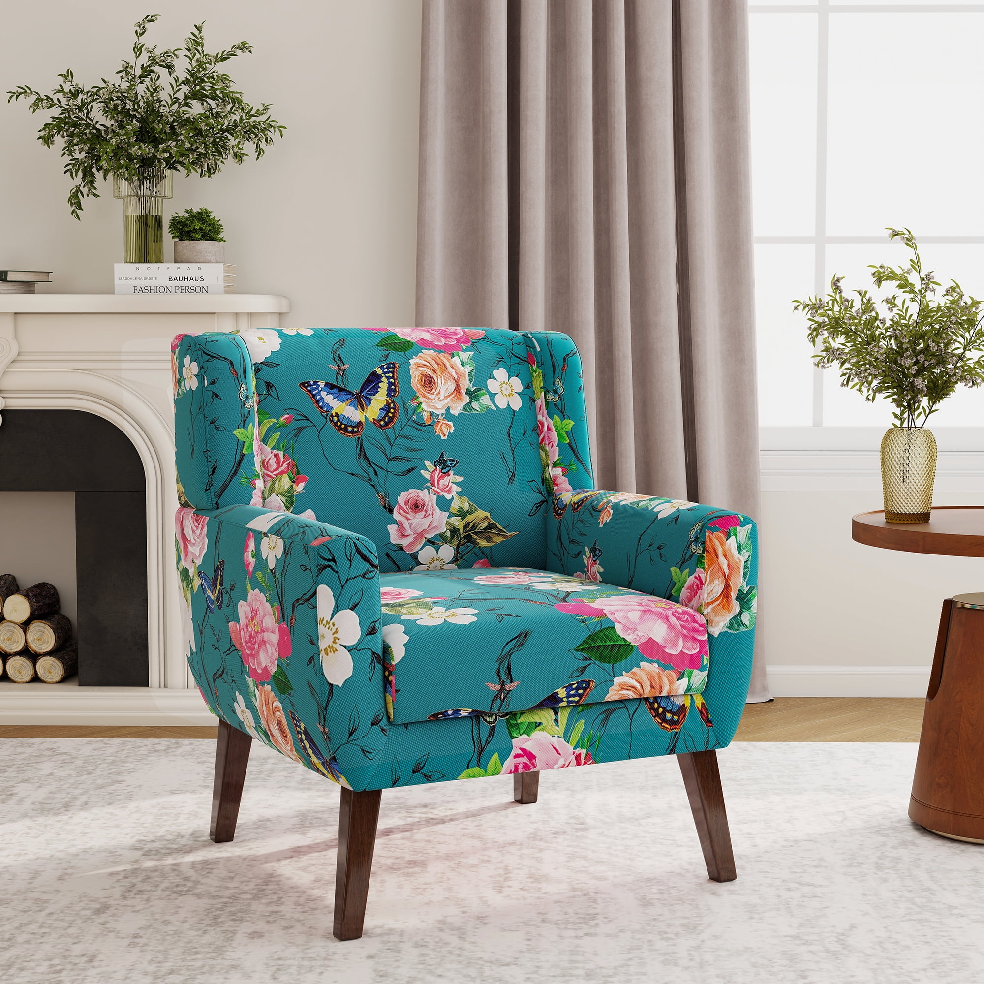 UIXE Floral Accent Chair Linen Fabric Armchair for Living Room
