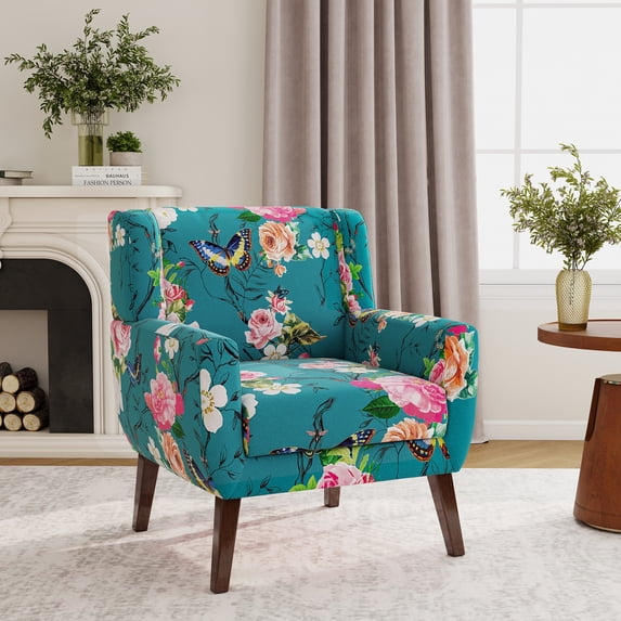 UIXE Floral Accent Chair Linen Fabric Armchair for Living Room Button Tufted Reading Seating, Pattern Blue