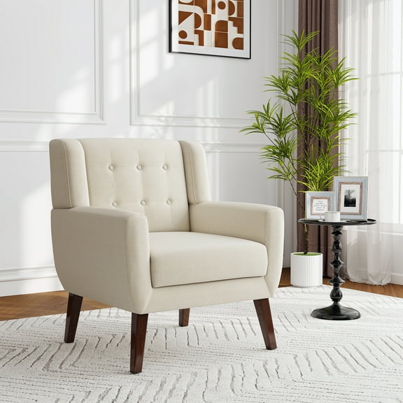 UIXE Accent Chair Modern Living Room Arm Chair Linen Fabric Armchair, White